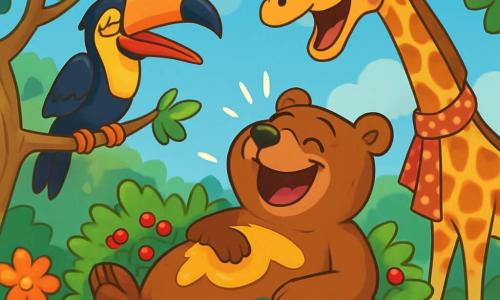 Barthélemy, un ours brun joyeux, est allongé sur le dos dans un buisson de baies rouges, le ventre plein de miel, riant aux éclats. À ses côtés, Gaston le toucan, avec son plumage coloré, s'accroche à une branche en riant. Ginette la girafe, élégante avec son écharpe à pois, se penche en riant, son long cou se détachant contre le ciel bleu. La scène se déroule dans une clairière ensoleillée de la jungle, entourée d'arbres feuillus et de fleurs colorées. Barthélemy, après avoir tenté de grimper à une liane, est tombé dans le buisson de baies, provoquant un fou rire général.