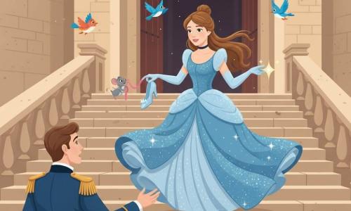 Cendrillon, au visage doux et timide, cheveux châtains attachés en queue basse, descend en courant un large escalier de pierre d'un vieux château en tenant une pantoufle de verre scintillante ; en bas, le prince d'une vingtaine d'années en costume bleu marine à galons dorés, surpris, tend la main vers elle ; une petite souris grise avec un ruban rose l'observe depuis une marche, deux oiseaux colorés volètent autour, et en arrière-plan une grande horloge dorée indique minuit tandis que des torches murales diffusent une lumière chaude.