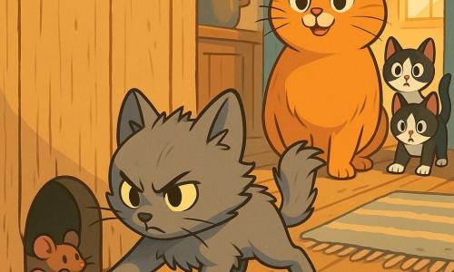 Un petit chaton gris au pelage doux et légèrement ébouriffé, à un œil vif et une patte tordue, paraît déterminé et courageux : accroupi, la tête penchée, il se faufile dans un trou rond à la base d’un mur, moustaches frémissantes et queue en panache, bloquant la sortie où de petites souris brunes tentent de s’échapper; la mère rousse et ronde, près d’une porte entrouverte, le regarde, soulagée et fière, tandis que deux chatons noirs et blancs restent derrière, figés et prêts à bondir, le tout dans une cuisine rustique en bois avec vieux plancher, miettes, petit tapis rayé froissé et une tache de lumière chaude, créant une scène tendue mais pleine d’espoir et d’action.