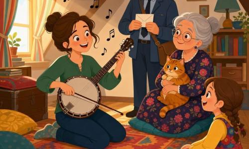 Lina, femme adulte au chignon, joue joyeusement d’un banjo à l’archet sur ses genoux tandis que les voisins forment un demi-cercle bienveillant dans un petit salon mansardé lumineux : Madame Papillon, âgée, tient le chat Biscotte et sourit, Monsieur Zéphyr, facteur à la moustache, tient une lettre et hoche la tête, et Jade, fillette aux tresses, est assise par terre, les yeux écarquillés, des notes musicales flottant dans l’air.