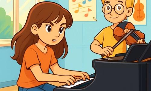 Une fille de 12 ans, Zoé, est assise devant un piano à queue noir, concentrée et déterminée, prête à jouer une mélodie. À côté d'elle, Lou, un garçon de 12 ans aux cheveux blonds et aux lunettes rondes, tient un violon et affiche un sourire encourageant. La scène se déroule dans une salle de musique lumineuse avec des murs bleu clair et des affiches colorées. Zoé s'apprête à performer pour le concert de l'école, l'air est chargé d'excitation et l'auditoire attend avec impatience.