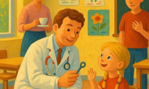 Le docteur Nicolas, souriant et bienveillant, visage rond et cheveux châtain clair, en blouse blanche et stéthoscope coloré, s'accroupit pour tendre un petit stéthoscope en plastique à des enfants attentifs ; Sophie, la secrétaire trentenaire aux cheveux bruns en chignon, tient une tasse près de la porte, Tom, adolescent d'environ 15 ans, la main sur la poitrine, écoute timidement, et une fillette de 7 ans aux nattes blondes lève la main, le tout dans une salle de classe lumineuse aux murs jaune doux, posters de santé, grande fenêtre, tables basses en bois et tableau noir décoré de fleurs, moment chaleureux de prévention, ambiance joyeuse, couleurs vives et traits de pinceau visibles.