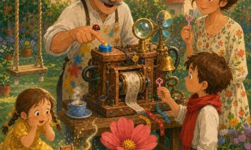 Monsieur Marcel, ~55 ans, moustache grise, lunettes rondes et tablier taché, souriant, appuie sur un gros bouton bleu d'une machine artisanale en cuivre et bois posée sur une table ; Mireille, ~40 ans, cheveux châtains relevés, robe à motifs floraux, tient une petite clé rose à sa droite et regarde les enfants ; un garçon d'environ 8 ans, cheveux en bataille et écharpe rouge, tient la clé avec sérieux près d’une balançoire miniature, et une fillette de ~6 ans en robe jaune à tresses admire une chaise qui rapetisse sur la pelouse ; une coccinelle rouge à pois noirs est posée sur le doigt de Marcel. Le jardin est coloré (table en bois, tasse bleue de thé fumant, pots de fleurs multicolores, herbe verte, maisons aux toits rouges) ; la machine, faite de chiffon roulé à rubans, loupe en laiton, petit ventilateur, tuyaux en caoutchouc et sonnette dorée, est en action : objets changent de taille (chaise minuscule, fleur agrandie), atmosphère douce et sûre, lumière chaude de fin d'après-midi, traits gouache visibles, couleurs saturées et contours légèrement flous.
