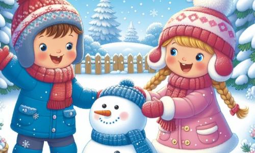 Un petit garçon de 4 ans, Lucas, avec des cheveux châtains en désordre et des joues rouges de froid, porte une combinaison de neige bleue et un bonnet rouge. Il rit aux éclats, les bras levés, lançant une boule de neige vers sa copine Clara, une fille de 5 ans avec de longs cheveux blonds tressés, vêtue d'une combinaison rose et d'un bonnet à pompon. La scène se déroule dans un jardin enneigé, où la neige fraîche recouvre le sol et les arbres, tandis que des flocons tombent doucement. Lucas et Clara s'amusent à jouer dans la neige, entourés de leur bonhomme de neige récemment construit.