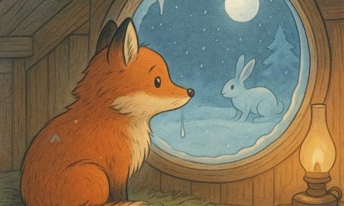 Malo, renard roux au pelage épais, est assis près d’une fenêtre ronde givrée, queue enroulée autour des pattes, quelques plumes et mousse dans son nid et grains de neige collés aux pattes, regardant une goutte d’eau couler le long de la vitre; un lièvre blanc apparaît dehors à gauche, attentif et bondissant doucement; sous le toit brillent des petites stalactites dont une goutte tombe, la neige du toit est poudreuse; la mansarde en vieux bois contient une caisse et des pommes sèches, la lune froide à l’extérieur et une lampe douce à l’intérieur créent reflets bleutés et ombres longues; plan moyen à légère plongée, trait net, couleurs pastel froides dehors et tons chauds dorés dedans, textures visibles (poils, givre, bois), ambiance calme et contemplative centrée sur le regard de Malo.