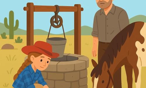 Jeune cow-girl aux cheveux châtain clair en tresse et chapeau de cuir rouge, en chemise à carreaux bleue et jean beige, accroupie près d’un puits en pierre et retirant doucement un caillou, parlant calmement à un homme d’une quarantaine d’années au visage fatigué et barbe de quelques jours, en chemise grise usée et sac en toile posé à côté de lui, mains encore tachées de terre; à leurs côtés le grand cheval mâle nommé Biscuit, brun tacheté de blanc et paisible, broute l’herbe; prairie ouverte sous un ciel lumineux avec herbe verte, herbes sèches, quelques cactus et rochers, anciennes poulie et seau au puits, composition centrée sur une scène de réconciliation et d’entraide baignée d’une lumière solaire chaude, couleurs contrastées et atmosphère rassurante.