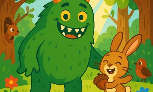 Un monstre nommé Grognon, avec une silhouette verte, des yeux jaunes et de longues dents, se tient au centre de la scène, souriant chaleureusement. À ses côtés, un petit lapin nommé Caramel, âgé de 5 ans, avec un pelage brun clair et de grandes oreilles, saute de joie en tenant une noisette. La scène se déroule dans une forêt enchantée, avec de majestueux arbres et des fleurs colorées. Grognon et Caramel célèbrent leur amitié après avoir retrouvé la noisette perdue de l'écureuil, entourés d'autres animaux curieux.