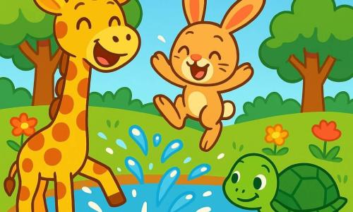 Une girafe joyeuse, avec un long cou tacheté, se tient au bord d'une mare scintillante, riant aux éclats et éclaboussant de l'eau avec ses pattes. À côté, un petit lapin mouillé fait des sauts périlleux dans l'eau avec un sourire espiègle. Un peu plus loin, une tortue souriante avance vers la mare, observant ses amis avec amusement. Le décor est rempli de grands arbres et de fleurs colorées, sous un ciel bleu éclatant. La scène montre la girafe et ses amis s'amusant ensemble, illustrant une journée pleine de joie et d'amitié.
