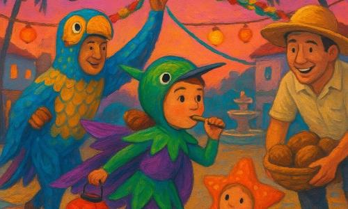 Une fillette de 6 ans, joyeuse et déterminée, en costume de colibri vert et violet avec petite cape, souffle dans un sifflet en bois et tient une lanterne en papier rouge près d’un chemin de carnaval; derrière elle à gauche un homme d’une cinquantaine d’années déguisé en poisson‑perroquet aux écailles bleu et jaune lève une corde décorative pour dégager le passage; une petite fille déguisée en étoile de mer, étonnée mais rassurée, se tient à côté d’elle en regardant une noix de coco posée au sol; un papa dans la trentaine au chapeau énorme ramasse un panier de noix de coco à droite, souriant et penché en avant; la scène se déroule sur une place de village caribéen au crépuscule — sol de sable doré et pavés colorés, palmiers sur un ciel rose‑violet, guirlandes de lanternes et une fontaine décorée en arrière‑plan — montrant le petit cortège vérifiant le chemin du défilé avec lampions brillants, corde relevée, noix de coco arrêtée au bord du passage et costumes flamboyants tourbillonnant, atmosphère chaude et sûre, couleurs saturées et textures de peinture acrylique visibles.
