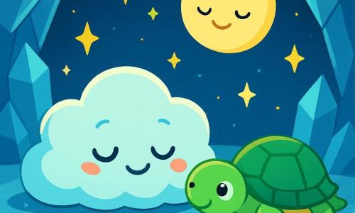 Un coussin en forme de nuage, doux et moelleux, avec un sourire paisible, est allongé sur un sol de cristal étincelant, entouré d'étoiles brillantes. À côté, une tortue à la carapace verte avance lentement, regardant le coussin avec bienveillance. Au-dessus, une lune ronde et lumineuse éclaire la scène d'une douce lumière argentée. La scène se déroule dans une grotte de cristal, où les murs scintillent comme des diamants. Le coussin et la tortue partagent un moment de relaxation, inspirant et expirant ensemble, créant une ambiance de paix.