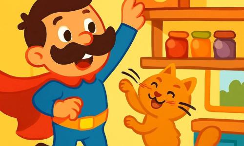 Super-Moustache est un homme joyeux avec une grande moustache bouclée et une cape rouge. Il sourit et tend la main vers une boîte de biscuits en haut d'une étagère. À ses côtés, Monsieur Chatouille, un chat aux poils duveteux, bondit avec une expression espiègle, prêt à attraper la boîte. La scène se déroule dans une cuisine chaleureuse aux murs jaunes et au carrelage à motifs, baignée par la lumière dorée du soleil. Super-Moustache et Monsieur Chatouille collaborent pour atteindre la boîte de biscuits, créant un moment amusant et énergique.