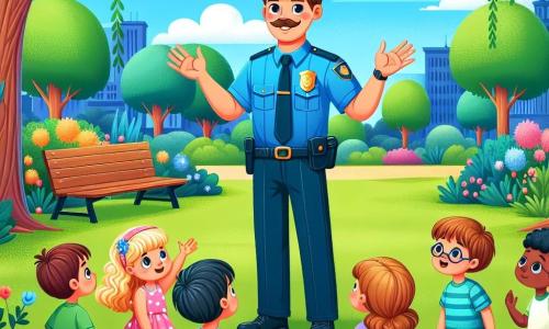 Monsieur Lucas, un policier souriant d'une trentaine d'années avec des cheveux bruns et une moustache, porte un uniforme bleu éclatant et se tient au centre d'un parc, les bras ouverts, expliquant son métier aux enfants. À sa droite, une petite fille de six ans aux cheveux blonds et bouclés, en robe rose à pois, lève la main pour poser une question. À sa gauche, un petit garçon de sept ans avec des lunettes et un t-shirt vert écoute attentivement, les bras croisés. Le parc est verdoyant avec des arbres, des fleurs colorées et un ciel bleu. Monsieur Lucas partage sa passion pour son métier avec des enfants captivés par ses histoires sur la sécurité et l'entraide.