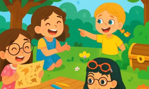 Quatre enfants jouent dans un jardin ensoleillé. Emma, 6 ans, a de longs cheveux bruns et des lunettes rondes, elle porte une robe rose à pois blancs et sourit en tenant une carte au trésor. Léa, aussi 6 ans, a des cheveux blonds en tresses, un t-shirt jaune et un short en jean, elle pointe un coffre au trésor caché derrière un buisson. Zoé, 6 ans, avec des cheveux bouclés châtains et une salopette bleue, est accroupie et rit en se cachant derrière un arbre. Mia, 6 ans, a des cheveux noirs et des lunettes de soleil, elle porte une robe verte et dessine sur une feuille de papier assise dans l’herbe. Elles s’amusent ensemble, découvrent le coffre au trésor et partagent un moment de joie et d’amitié, profitant d’une journée sans écrans.