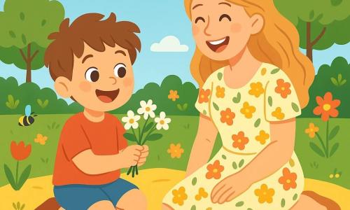 Léo, un garçon de 4 ans aux cheveux bruns en bataille et aux yeux pétillants, est assis sur une grande couverture jaune dans le jardin. Il sourit en tenant un bouquet de petites fleurs blanches et vertes. Sa maman, une femme d’environ 30 ans aux cheveux longs et blonds, rit en le regardant, assise à côté de lui sur la couverture, entourée de rondelles de pommes et de petits gâteaux. Le jardin est ensoleillé, rempli de fleurs colorées et d’arbres verdoyants, avec un ciel bleu éclatant. La scène est joyeuse et chaleureuse, où Léo et sa maman partagent un pique-nique pour la fête des mères, entourés de petits insectes curieux et du parfum des fleurs.
