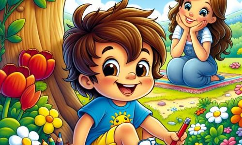 Léo, un petit garçon de 6 ans avec des cheveux bruns en bataille et un grand sourire, cherche des trésors dans un jardin coloré. Il porte un t-shirt bleu et un short jaune, accroupi près d'un grand arbre, les yeux pétillants d'excitation. Sa maman, une femme d'environ 30 ans avec des cheveux longs et châtains, est assise sur une couverture à proximité, tenant des crayons de couleur et souriant tendrement à Léo tout en dessinant un arbre avec des oiseaux. Le jardin est rempli de fleurs éclatantes et le ciel est bleu avec quelques nuages. Léo découvre une petite boîte cachée derrière le tronc de l'arbre, son visage rayonnant de joie.
