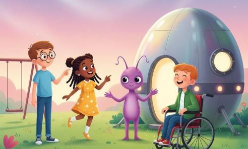 Trois enfants rencontrent l'extraterrestre Zog dans un petit parc en fin d'après-midi : Léo, ~9 ans, cheveux châtain courts, lunettes rondes, t-shirt bleu clair et jean, debout à gauche, émerveillé et pointant le vaisseau ; Mia, ~8 ans, cheveux noirs en nattes, robe jaune à petites étoiles, au centre, sautillante et souriante ; Sam, ~9 ans, cheveux roux, veste verte, assis en fauteuil roulant moderne rouge à droite, riant et regardant l'alien. Un grand vaisseau argenté aux reflets arc‑en‑ciel est posé sur l'herbe à droite, porte ouverte laissant échapper une douce lueur. Zog, créature mauve brillante aux grands yeux ronds et antennes ondulantes, se tient à la sortie, bras ouverts de manière amicale ; l'atmosphère est chaleureuse et curieuse, avec herbe, fleurs colorées, balançoire en arrière‑plan et ciel rose‑bleu formant un cercle d'amitié centré sur la rencontre.