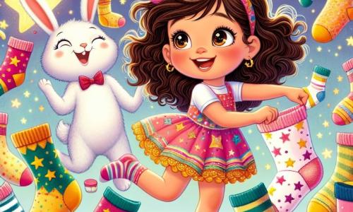 Lila, une petite fille de 3 ans aux grands yeux pétillants et aux cheveux bouclés châtains, porte une robe colorée et une chaussette rose à étoiles dorées. Elle danse joyeusement au milieu de chaussettes étoilées, accompagnée de Monsieur Lapin, un adorable lapin blanc avec un nœud papillon rouge, qui saute en rythme et l'encourage. Le marché féerique autour d'eux est rempli de chaussettes de toutes les couleurs, flottant comme des ballons, avec des étals décorés de fleurs et de guirlandes scintillantes. Lila et Monsieur Lapin s'amusent ensemble, célébrant la retrouvailles de la chaussette rose de Lila dans une ambiance magique et festive.
