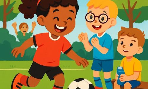 Une jeune fille joyeuse d'environ 10 ans, avec des cheveux bouclés et un grand sourire, porte un maillot de football rouge et des shorts noirs. Elle dribble un ballon de football sur le terrain, ses yeux pétillants de bonheur. À côté d'elle, un garçon de 9 ans, avec des lunettes et des cheveux blonds, applaudit en souriant, vêtu d'un maillot bleu. Un autre garçon, âgé de 8 ans, est assis sur le banc avec une bouteille d'eau, admiratif. Le terrain est verdoyant, entouré d'arbres et d'un ciel bleu clair avec des nuages. Au fond, des parents applaudissent, créant une ambiance chaleureuse. La scène principale montre la fille passant le ballon à son ami, tous deux riant et s'amusant, illustrant l'esprit d'équipe et la joie de jouer au football.