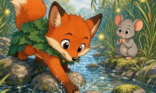 Un petit renard roux au ventre crème et à la queue touffue, portant une cape verte en feuilles, s’accroupit sur des pierres glissantes pour saisir une noisette au centre d’une rivière aux reflets argentés tandis que des gouttes éclaboussent autour de sa truffe; Mimi la petite souris grise, les yeux joyeux, l’observe depuis la berge en serrant les mains contre sa poitrine; quelques lucioles ajoutent une touche magique au-dessus des roseaux; scène tendre et héroïque aux couleurs pastel et traits ronds d’une bande dessinée pour enfants.