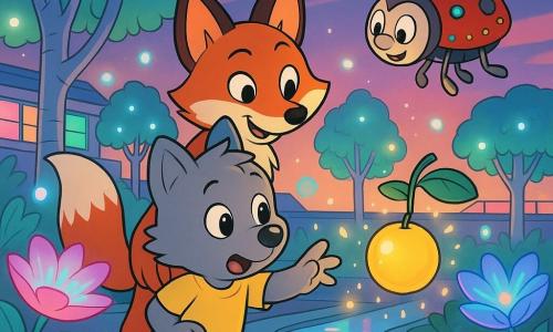 Léo, un petit loup au pelage gris doux et aux yeux ronds et émerveillés, tend la patte pour toucher un fruit doré qui brille comme une lampe ; derrière lui, Luna la renarde au pelage roux vif et à la queue blanche, au sourire malicieux et protecteur, le retient doucement, tandis que Clic-Clic, une coccinelle mécanique à coque rouge brillante avec LED et antennes métalliques, vole près du fruit en agitant une aile mécanique ; ils se trouvent dans un jardin sur un toit futuriste aux allées de métal poli, plantations luxuriantes, fleurs lumineuses et arbres au tronc argenté, sous un ciel crépusculaire pastel, et au moment magique où Léo touche le fruit une douce lueur, des étincelles et des bulles de lumière apparaissent autour d’eux, créant une atmosphère joyeuse et pleine d’émerveillement.