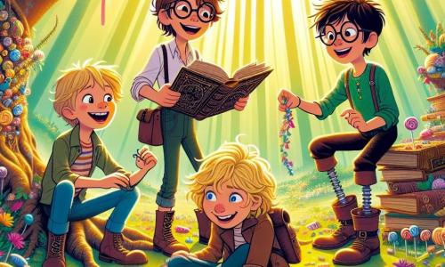 Dans une clairière enchantée de la forêt de Froufrou, quatre jeunes aventuriers se préparent pour une grande aventure. Maxime, 10 ans, sourit en tenant un vieux grimoire. Théo, 9 ans avec une jambe de bois, rit en mimant une grenouille. Lucas, 8 ans, curieux avec ses cheveux blonds en bataille, tient des bonbons colorés. Samuel, 11 ans, sérieux avec des lunettes rondes, feuillette un livre de sorts. La clairière est éclairée par des rayons de soleil, avec des fleurs multicolores et un arbre géant chargé de friandises au centre. Ils se préparent à relever un défi amusant lancé par un dragon farceur pour un concours de blagues.