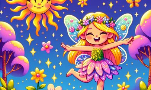 Au centre de l'image, Lila, une petite fée aux ailes scintillantes, vole joyeusement. Elle a de longs cheveux dorés, une robe en pétales de fleurs roses et un grand sourire. Elle est entourée de lumière dorée, symbolisant l'espoir. À côté d'elle, le soleil, avec un visage souriant et des rayons dorés, brille dans le ciel bleu, apportant chaleur et lumière. La forêt magique est luxuriante, avec des arbres colorés et des fleurs éclatantes. Des papillons dansent autour, ajoutant de la magie. Lila célèbre l'ouverture de sa fleur, épanouie grâce à la lumière du soleil, tandis que des étincelles de magie flottent autour, créant une atmosphère enchantée.