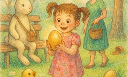 Fille de 6 ans émerveillée tenant un gros œuf brillant, cheveux châtain en couettes, robe rose à fleurs, mère d'environ 35 ans derrière elle, chignon, robe verte et panier en osier, petit poussin en chocolat «Choco» près des pieds, grand lapin de Pâques stylisé crème assis sur un banc à gauche avec sac de chocolats, jardin printanier (pelouse avec pâquerettes, grand arbre aux racines visibles, pot de fleurs renversé, banc en bois), ciel clair matinal et lumière dorée; la fillette vient de trouver un œuf magique plus grand que les autres qui scintille, ambiance joyeuse et magique, couleurs chaudes, textures de crayon, traits doux et contours légèrement flous pour un rendu enfantin.