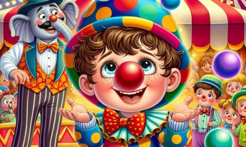 Maxime, un garçon de 6 ans avec des cheveux bruns en bataille et un grand sourire, porte un costume de clown coloré et jongle maladroitement avec trois balles vives. À ses côtés, Monsieur Claque, un jongleur d'une trentaine d'années, l'encourage. En arrière-plan, le chapiteau du cirque est décoré de lumières et de banderoles, tandis que des spectateurs applaudissent. Maxime fait des grimaces comiques, entouré de rires, et un éléphant amusant avec un chapeau se tient près de lui, ajoutant une touche magique à l'atmosphère festive.