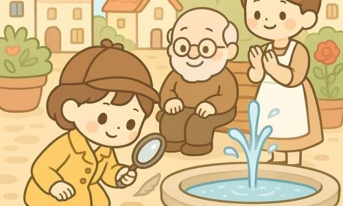 Zoé, détective souriante et concentrée aux cheveux châtain courts et manteau jaune clair, loupe à la main, penchée sur la fontaine en pierre claire pour retirer délicatement un petit bouchon métallique tandis que l'eau recommence à jaillir en éclaboussures scintillantes ; Monsieur Dupont, vieil homme à la barbe blanche et lunettes rondes, assis près d'un parterre de roses, la regarde émerveillé ; Mathilde, boulangère d'une quarantaine d'années au tablier farineux, applaudit doucement à droite de la fontaine ; Martin, garçon d'environ huit ans aux cheveux bruns ébouriffés, accroupi à gauche, pointe le bouchon ; place pavée de pierres rondes, pots de plantes colorés, maisons à toits rouges, palette pastel, contours simples et ambiance chaleureuse et joyeuse.