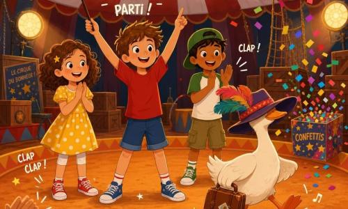 Quatre personnages : Malo, garçon de 9 ans, cheveux bruns en bataille, t-shirt rouge et short bleu, au centre-front, bras levés comme chef d'orchestre donnant le signal « un, deux, trois… go » ; Inès, fille de 9 ans, cheveux bouclés châtain, robe jaune à pois blancs, à sa gauche, mains jointes, dirigeant les pas ; Samir, garçon de 9 ans à la peau hâlée, casquette verte et baskets, à la droite de Malo, applaudissant, expression joyeuse ; une oie artiste au plumage crème, grand chapeau à plumes tombé sur le bec et petite valise marron à la patte, marchant en rythme devant les enfants, légèrement en avant à droite. Sous un grand chapiteau de cirque rouge et blanc, piste ovale en terre orange doré, projecteurs et guirlandes lumineuses, en arrière-plan caisses en bois, filets de trapèze et confettis éclatés tombant, la scène montre une fanfare de pas joyeuse avec onomatopées visuelles (clap, toc) et le public hors-champ applaudissant vivement.