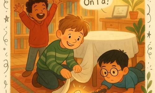 Trois garçons de 7 ans — Léo (cheveux châtain clair en bataille, grand sourire, pull vert à rayures, accroupi, soulève la nappe pour révéler une broche dorée en forme de feuille), Hugo (cheveux noirs courts, lunettes rondes, t-shirt bleu, allongé sur le ventre à droite avec une petite lampe de poche, regard concentré sous la table) et Sami (peau mate, cheveux frisés, sweat rouge, debout derrière Léo, mains levées de joie) — dans une bibliothèque chaleureuse aux grandes étagères en bois blond et lumière d'après-midi, autour d'une grande table ronde blanche à nappe froissée; la broche brille légèrement sous la nappe, miettes de madeleine au sol, ordinateur flou en arrière-plan, ambiance joyeuse et curieuse, couleurs chaudes, textures papier et petits dessins d'indices (loupe, empreinte, étoiles).