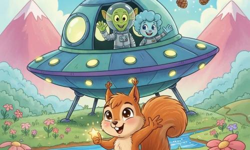 Léo, un petit écureuil roux aux grands yeux, tient une étoile lumineuse en disant au revoir tandis que Zog, un extraterrestre vert en combinaison argentée, et Pipo, un petit Galaxouf bleu malicieux, saluent depuis la soucoupe brillante posée dans une clairière fleurie ; ambiance chaleureuse, magique et colorée, composition centrée sur Léo devant le vaisseau.
