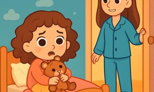 Lila, une petite fille de 4 ans aux grands yeux brillants et aux cheveux bouclés, est assise sur son lit avec une expression de peur. Elle serre son doudou, un ours brun, tandis que sa maman, une femme d'une trentaine d'années aux cheveux châtains, se tient près de la porte avec un sourire rassurant. La chambre aux murs pastel est décorée d'étoiles et de nuages, avec un tapis moelleux et une veilleuse en forme de lune. Lila, un peu effrayée par l'obscurité, est réconfortée par sa maman avant qu'elle ne quitte la chambre.