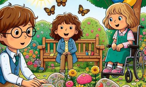 Dans un jardin ensoleillé, Arthur, un garçon de 10 ans aux cheveux châtain clair et aux lunettes trop grandes, regarde tendrement un parterre de fleurs colorées. À sa droite, Emilie, 9 ans, avec des cheveux bouclés et des yeux pétillants, sourit en tenant une pierre peinte d'une fleur. À gauche, Tom, 11 ans, aux yeux brillants et aux cheveux bruns en bataille, est accroupi pour ajouter une pierre au jardin. Maya, 10 ans, pleine d’énergie, est dans son fauteuil roulant, entourée de ballons colorés, riant des histoires d’Arthur. Le jardin, magique et coloré, est rempli de fleurs et d'arbres majestueux. La scène montre Arthur et ses amis célébrant Mamie Lili en plantant des fleurs et partageant des souvenirs, illustrant l'amour et l'amitié face à la perte.
