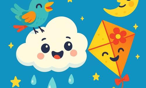 Un petit nuage blanc, nommé Pipin, flotte dans un ciel bleu, avec des yeux pétillants et un large sourire, laissant échapper des gouttes de pluie en forme de perles. À proximité, un cerf-volant coloré danse dans le vent, tandis qu'un oiseau aux plumes chatoyantes se perche sur Pipin, prêt à chanter. Le ciel est parsemé d'étoiles brillantes et la Lune veille avec un sourire bienveillant. Dans cette scène magique, Pipin et ses amis s'amusent à jouer, créant des gouttes de pluie comme des confettis, tandis que le cerf-volant et l'oiseau apportent une atmosphère de joie.