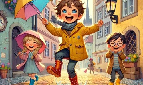 Un petit garçon de 4 ans, Lucas, avec des cheveux bruns en bataille et des yeux curieux, saute dans une flaque d'eau, éclaboussant autour de lui. Il porte un imperméable jaune et des bottes rouges, souriant joyeusement malgré la pluie. À ses côtés, Mia, une petite fille aux cheveux blonds tressés, tient un parapluie rose et rit en le regardant. Un peu plus loin, Tom, un garçon avec des cheveux châtains et des lunettes, observe une horloge magique avec émerveillement. La scène se déroule dans une ruelle pavée de Prague, sous un ciel nuageux, où la pluie crée des reflets sur les pavés et des fleurs colorées poussent le long des murs. Lucas et ses amis s'amusent à explorer la ville, transformant une journée pluvieuse en aventure magique.