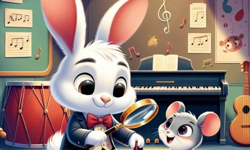 Léo, un petit lapin aux grandes oreilles et à la fourrure blanche, examine un morceau de tissu rouge avec une loupe, assis sur ses pattes arrière. À ses côtés, Mia, une petite souris grise aux grands yeux pétillants, observe avec enthousiasme. Ils se trouvent dans une salle de musique d'une école pour animaux, entourés d'instruments colorés et de posters de concerts. Léo et Mia sont en pleine enquête, prêts à résoudre le mystère du foulard rouge et du chapeau noir.