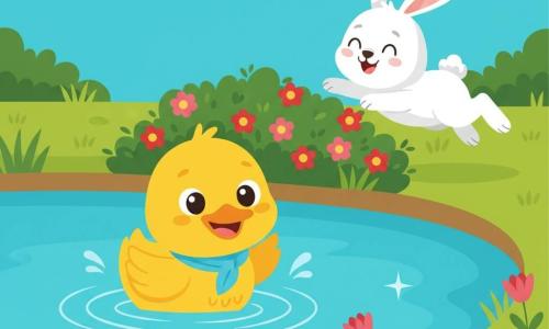 Un petit canard jaune vif au corps rond et sourire joyeux nage doucement en battant des ailes, portant un petit foulard bleu clair et laissant des ondulations circulaires ; à sa droite, un lapin blanc aux grandes oreilles, expression enthousiaste, saute au-dessus d’un buisson touffu vert parsemé de fleurs roses et rouges, le tout au bord d’un étang turquoise aux reflets simples, entouré d’herbe et de fleurs, ambiance lumineuse, ludique et colorée montrant entraide et joie.