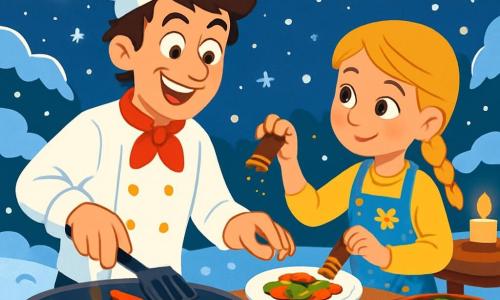 Un jeune chef cuisinier, Léo, une trentaine d'années, avec des cheveux bruns en désordre et une toque blanche légèrement inclinée, sourit en grillant des légumes colorés sur un barbecue en plein air. À ses côtés, Louisa, une fille de douze ans avec des cheveux blonds tressés et un tablier à fleurs, l'aide à préparer les assiettes, ajoutant des épices avec soin. Ils se trouvent dans un jardin enneigé, illuminé par des guirlandes de lumières, avec des flocons de neige tombant autour d'eux. Léo et Louisa cuisinent ensemble, transformant des légumes frais en un festin savoureux, tout en partageant des rires sous un ciel étoilé.