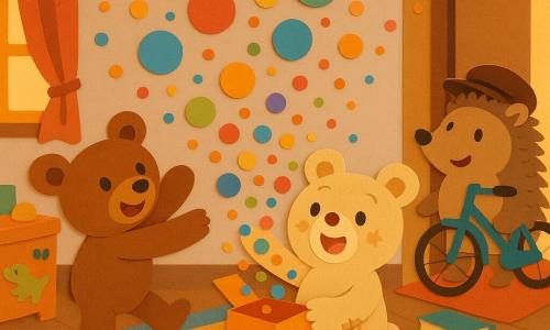 Biscotte, petit ours en peluche dodu au pelage beige et aux oreilles en forme de tartine, tient au centre une boîte ouverte d’où s’échappent des mots-bulles colorés (« RIRE », « zoup », « marmelune ») ; Caramel, son jumeau plus brun, se tient à gauche, bras tendus pour attraper un mot rebondissant, tandis que Monsieur Piquet, hérisson facteur souriant avec sa bicyclette, apparaît sur le paillasson de la porte entrouverte ; la chambre, en désordre charmant (tapis rayé, coffre à jouets, piles de livres, guirlande de chaussettes, rideaux à fanfreluches, bannière en papier), baigne dans une lumière chaude de fin d’après‑midi et présente textures superposées, couleurs vives, ombres douces et bords de papier déchiré, créant une scène festive et mouvementée.