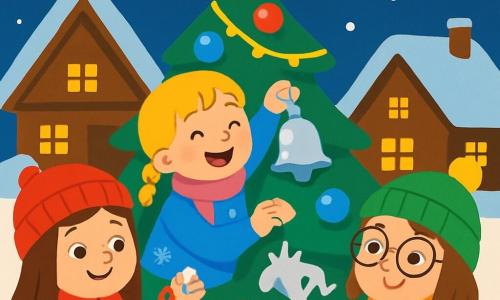 Il y a trois personnages : Emma, une fille de 8 ans aux longs cheveux bruns, portant un manteau rouge vif et tenant une boule de Noël ; Léa, une fille de 7 ans avec des cheveux blonds en tresses, portant un pull bleu et accrochée à une clochette argentée ; et Zoé, une fille de 9 ans avec des cheveux châtains et des lunettes, portant un manteau vert et pliant un flocon de neige en papier. L'action se déroule dans un village enneigé avec un grand sapin décoré, des maisons en bois illuminées et des flocons de neige tombant, créant une ambiance magique. Les trois amies décorent le sapin, entourées de rires, tandis que les villageois admirent les décorations et chantent des chansons de Noël.