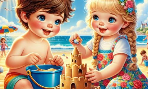 Un petit garçon de 2 ans, Tommy, avec des cheveux bruns en bataille et des yeux pétillants, est assis sur le sable doré de la plage. Il sourit largement, tenant un seau bleu rempli de sable. À côté de lui, une petite fille de 3 ans, Lila, avec des cheveux blonds tressés et une robe à fleurs, ajoute des coquillages à leur château de sable. Le décor est une plage ensoleillée avec des vagues scintillantes, des parasols colorés et des mouettes dans le ciel. Ils construisent un château de sable, entouré de coquillages, partageant un moment de bonheur pur sous le soleil.