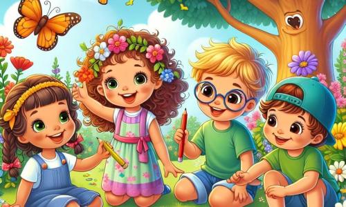 Dans un jardin fleuri, cinq enfants jouent ensemble. Lila, deux ans, est au centre avec un crayon de couleur. Max, trois ans, admire une fleur rouge. Mia, quatre ans, montre un papillon orange. Tom, cinq ans, dessine un arbre sur l'herbe. Leo, quatre ans, tient une pierre, excité. Le jardin est rempli de fleurs colorées et d'un ciel bleu, tandis que les enfants rient au soleil du printemps.