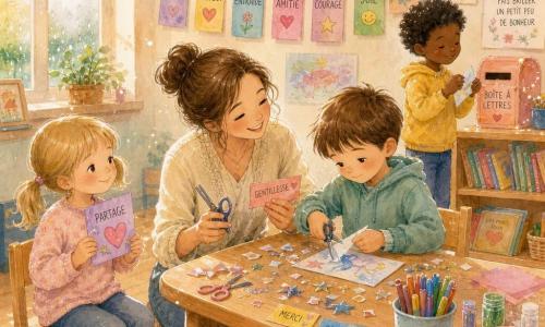 Madame Lina, enseignante souriante aux yeux rieurs et chignon flou, s'agenouille près d'une table pour aider des enfants à fabriquer et accrocher leurs étiquettes de métiers : Tom, garçon de 6 ans aux cheveux bruns, découpe sa feuille concentré et timide ; Léa, fille de 5–6 ans aux couettes blondes, tient une étiquette avec un dessin et sourit timidement ; Milo, garçon de 6 ans aux cheveux noirs bouclés, replie une petite lettre près d'une boîte aux lettres en papier. La salle de classe lumineuse, aux murs décorés de dessins et aux tables en bois clair, dégage une ambiance chaleureuse et calme, matinée de lumière douce filtrant par la fenêtre ; gestes précis, visages fiers et petite collaboration centrée sur la table.