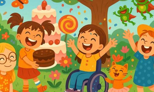 Quatre enfants sont réunis dans un grand jardin coloré : Clara, 8 ans, avec des cheveux blonds et des lunettes, est assise sur l'herbe entourée de papillons. Léa, 7 ans, rit en tenant un gâteau au chocolat. Emma, 9 ans, sourit dans son fauteuil roulant, entourée de confettis. Zoé, 8 ans, rit les bras levés à côté d'un éléphant en tutu. Elles font apparaître des gâteaux et des friandises magiques grâce à leur rire, tandis qu'un chat en tutu et des grenouilles super-héros participent à la fête.