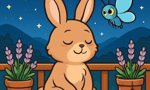 Un jeune lapin aux grandes oreilles, au pelage brun clair, est assis sur un balcon en bois, regardant le ciel étoilé avec un léger sourire. À ses côtés, une petite noctuelle aux ailes bleu clair flotte doucement, l'observant avec bienveillance. Le balcon est décoré de pots de lavande aux fleurs violettes et des clochettes en métal tintent dans la brise. En arrière-plan, la vallée s'étend sous un ciel étoilé, créant une atmosphère de paix et de magie.