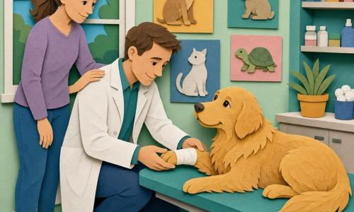 Maxime, vétérinaire souriant aux cheveux châtains courts et blouse légèrement froissée, s'agenouille pour tenir doucement la patte d'un golden retriever nommé Lucky, couché sur la table d'examen avec une petite bande blanche, tandis qu'une cliente d'environ 35 ans, cheveux bruns en queue de cheval, pose une main rassurante sur son épaule; la clinique lumineuse aux murs menthe, grandes fenêtres et affiches d'animaux crée une ambiance chaleureuse et rassurante.
