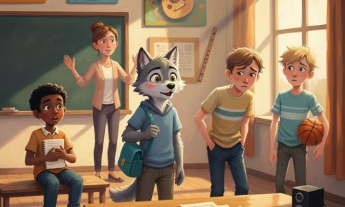 Léo, petit loup anthropomorphe d’environ 11 ans au pelage gris et aux yeux noisette, timide mais déterminé, bouche entrouverte et sac d’école bleu-vert sur l’épaule, se tient face à Tom et Hugo pour défendre Amir ; Amir, garçon d’origine nord-africaine à la peau brune et aux yeux très foncés, est assis sur un banc, serrant un cahier, surpris et soulagé ; Tom, garçon à peau claire et cheveux châtains, regarde coupable et embarrassé, mains dans les poches, légèrement en retrait ; Hugo, garçon pâle aux cheveux blonds en bataille, confus, tient un ballon de basket à côté de Tom ; Mme Delaunay, enseignante aux cheveux châtain clair, sourit doucement et tente d’apaiser la classe près du tableau ; la scène se déroule dans la salle de musique du collège, murs décorés de photos d’instruments (djembé, oud, flûte), table en bois verni, feuilles multicolores éparpillées, petite enceinte noire, lumière chaude de fin de journée traversant la pièce en rectangles ; composition centrée sur Léo, expressions lisibles, couleurs chaudes et contrastées, texture acrylique épaisse et vibrante, ambiance tendue mais apaisante.