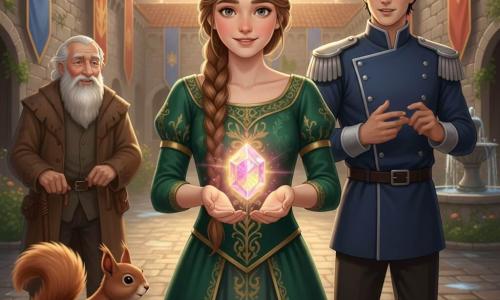 La princesse Éowyn, visage lumineux et déterminé, cheveux châtain clair tressés, en robe vert velours brodée d'or, tend une pierre précieuse iridescente émettant un halo rose et doré en souriant sereinement; le prince d'environ 18 ans, cheveux noirs courts, en tenue bleu marine à épaulettes argentées, se tient légèrement à sa droite, regard émerveillé et main levée pour saisir la pierre; un gardien âgé (~70 ans) à barbe blanche, manteau brun usé et canne sculptée observe en retrait à gauche avec un sourire bienveillant; un petit écureuil roux perché sur une souche au premier plan regarde la pierre; lieu : cour du château au lever du soleil, pavés humides, grandes bannières flottantes, murs de pierre couverts de lierre et fontaine en arrière-plan, lumière dorée perçant une légère brume; situation : la princesse offre la pierre magique au prince pour ramener la magie au royaume, ambiance épique et douce, couleurs chaudes, contrastes marqués, composition centrée sur les mains et l'éclat de la pierre.