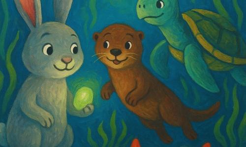 Un lapin gris nommé Lino, avec des yeux curieux et un léger sourire, tient un galet-lueur brillant dans sa patte, éclairant les environs sous-marins. À côté de lui, une loutre de mer espiègle nommée Mima, avec un regard malicieux, flotte joyeusement, surveillant le courant. Un peu plus loin, une tortue marine majestueuse nommée Pavo, au regard sage, guide le groupe avec sa carapace lisse et rayée. Ils se trouvent dans un jardin sous-marin enchanteur, rempli d'algues dansantes et d'étoiles de mer rouges reposant sur des pierres. La lumière verte du galet-lueur illumine doucement l'eau claire, créant une atmosphère magique et sereine.